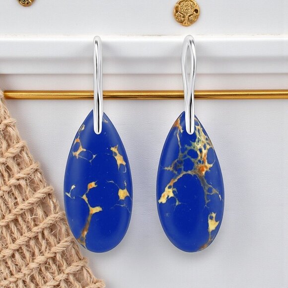 🆕️Mystical Blue Imperial Jasper Drop Earrings Trendy Casual Style Boho Chic 🌟 - Picture 6 of 14